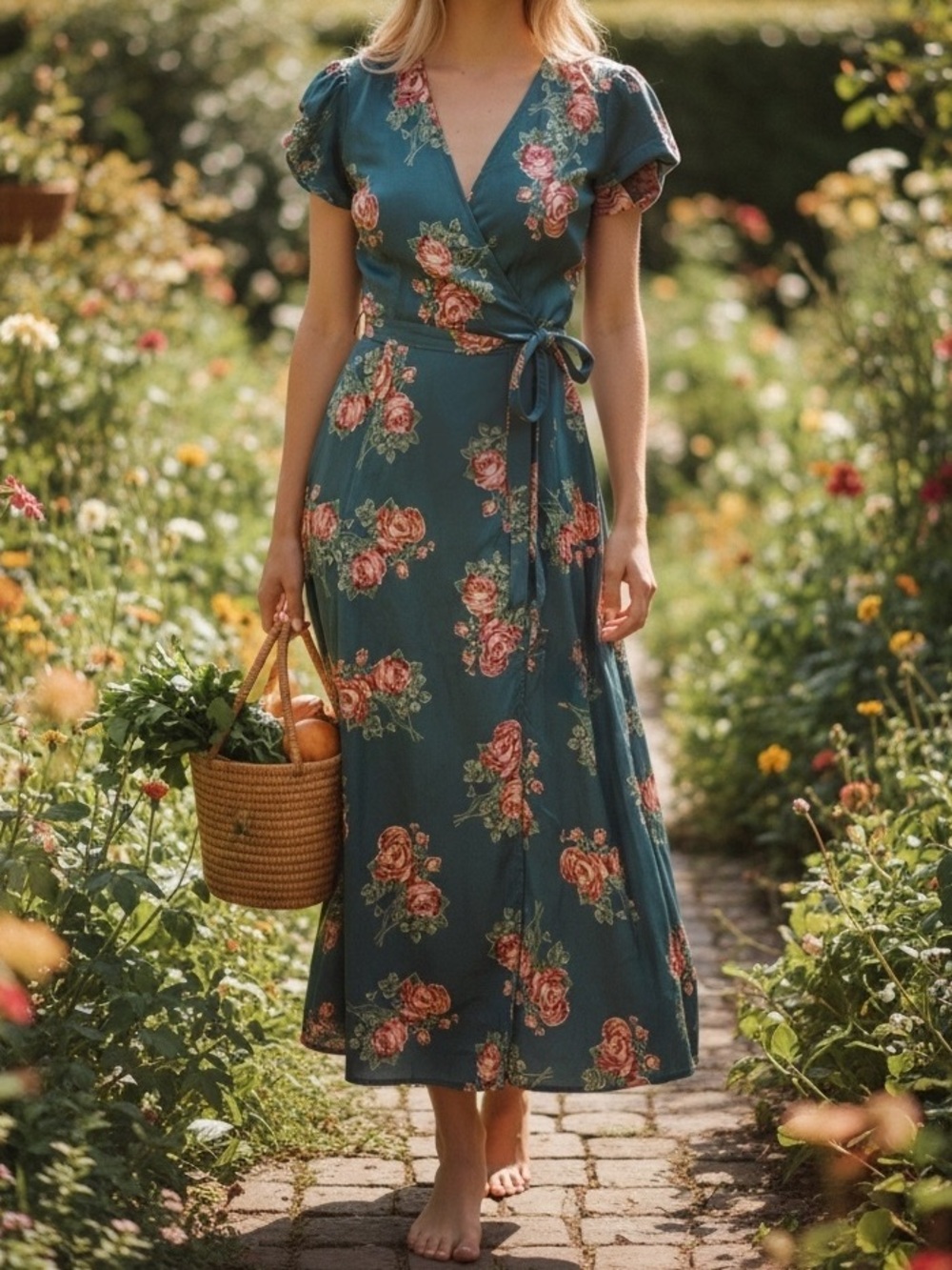 Christy Dawn Women’s Short Flutter Sleeve Blue Floral Wrap Midi Dress Size M